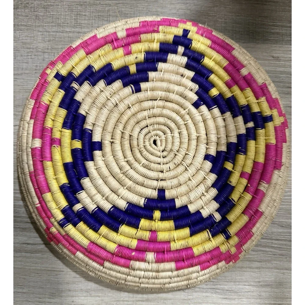 Handmade Woven African Coiled Basket Wall Decor Pink Blue Star Petal Boho